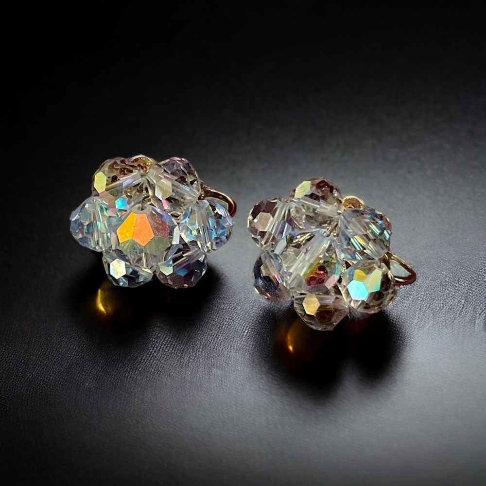 Vintage Laguna Light Blue Glass AB Crystal Beaded Cluster Clip On‎ Earrings